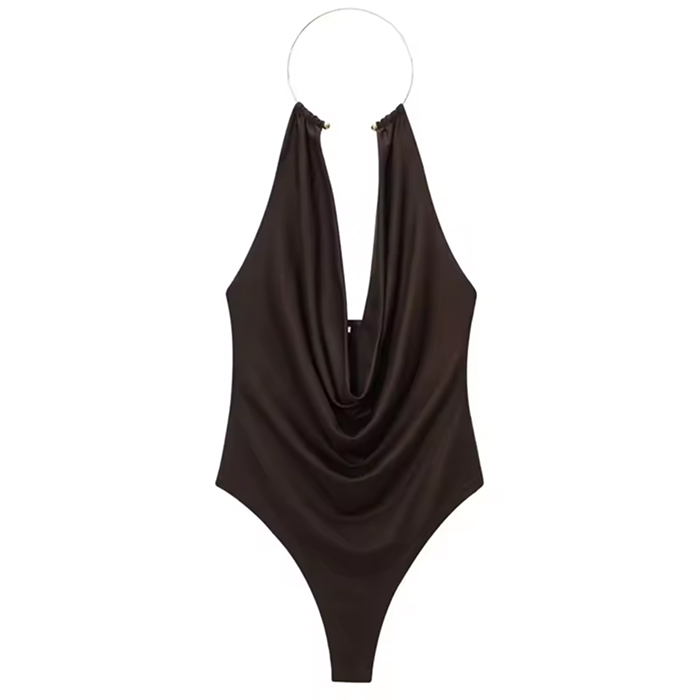 HXAO Halter Neck Backless Ring Bodysuit