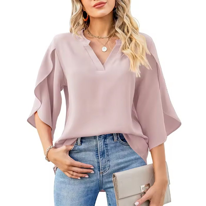 Chiffon V-Neck Flare Sleeve Blouse Top