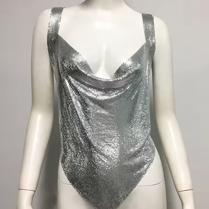 Shiny Sequin V-Neck Backless Party Crop Top