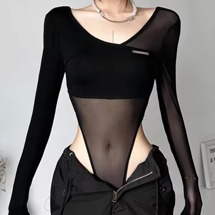 Black Sheer Long Sleeve Backless Bodysuit